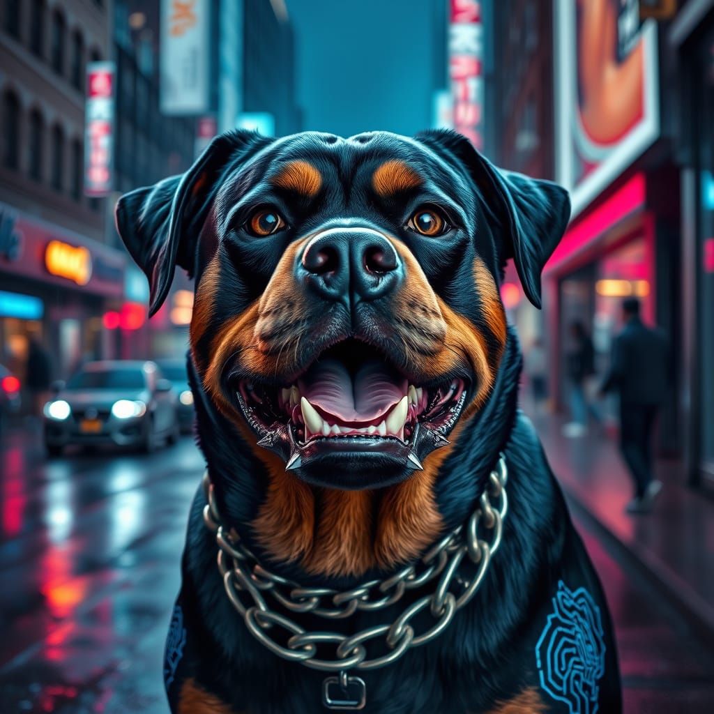 Cyberpunk Rottweiler with Glowing Circuits in Rainy City