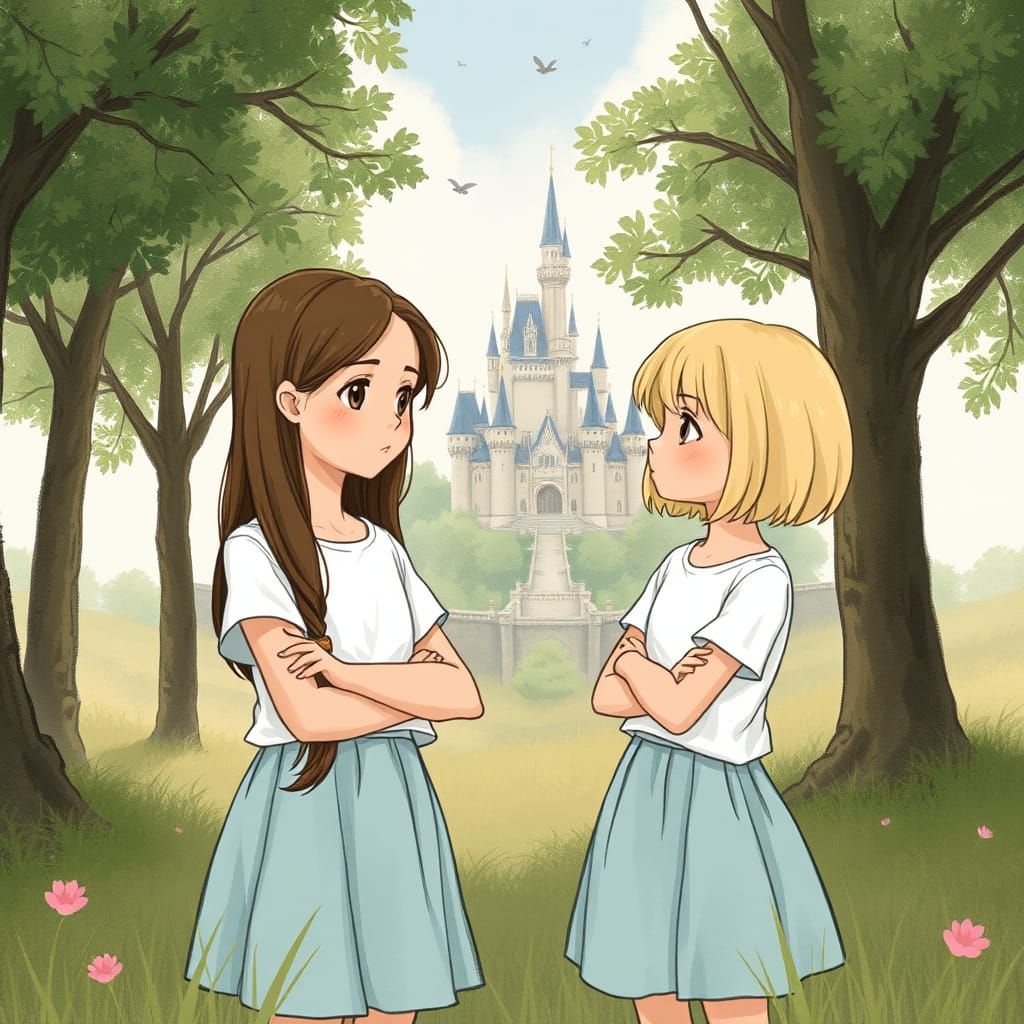 Girls Chatting Near Castle in Whimsical Style