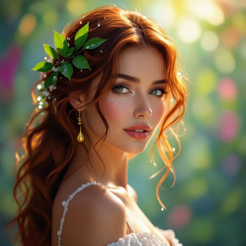 Woman with Leaves and Golden Droplet in Cinematic Light