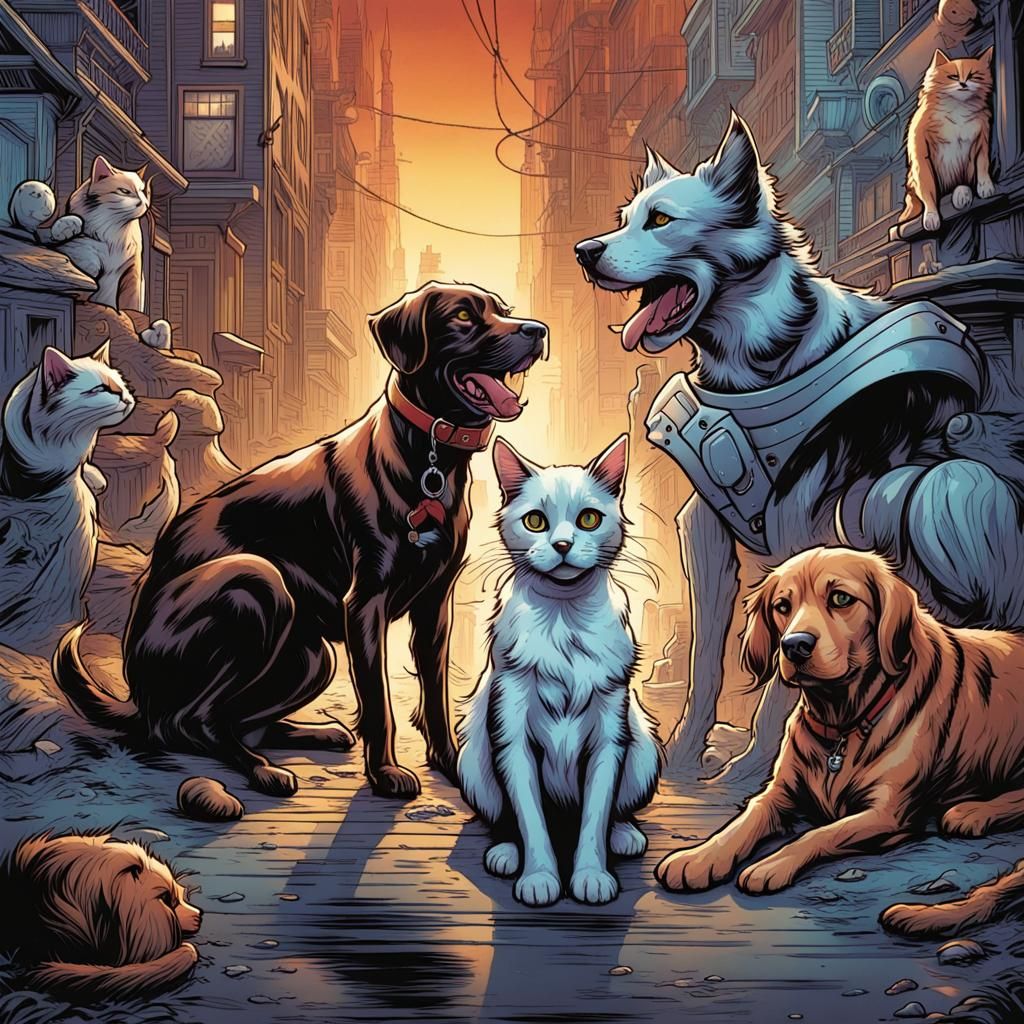 Cats and Dogs in Comic Book Style