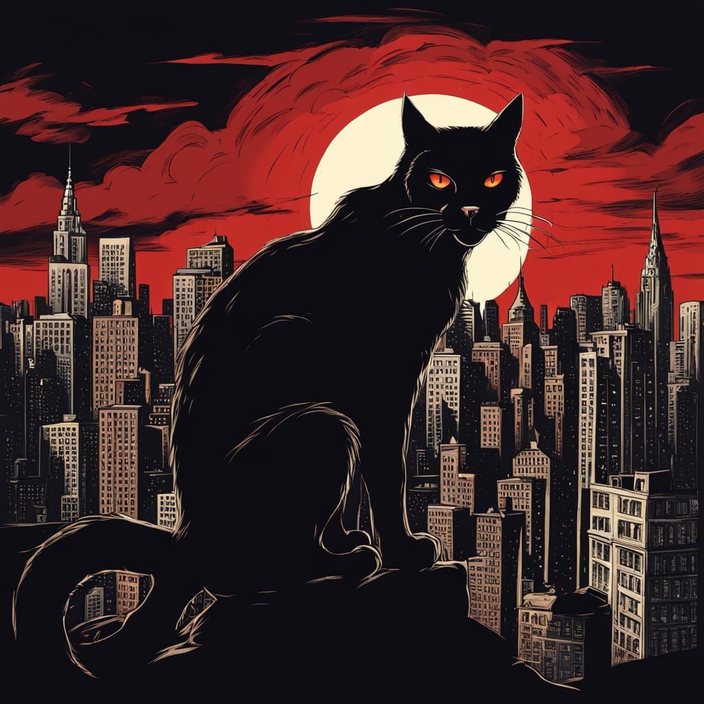 Ominous Black Cat Dominates New York City Skyline in Dark Ex...