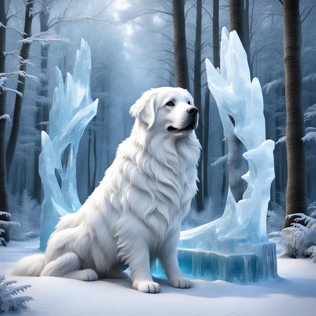 Great Pyrenees Ice Sculpture in Frozen Forest