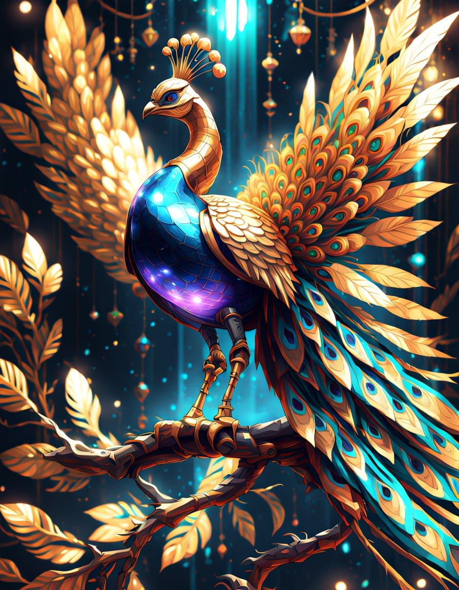 Robotic Golden Peacock in Enchanted Forest