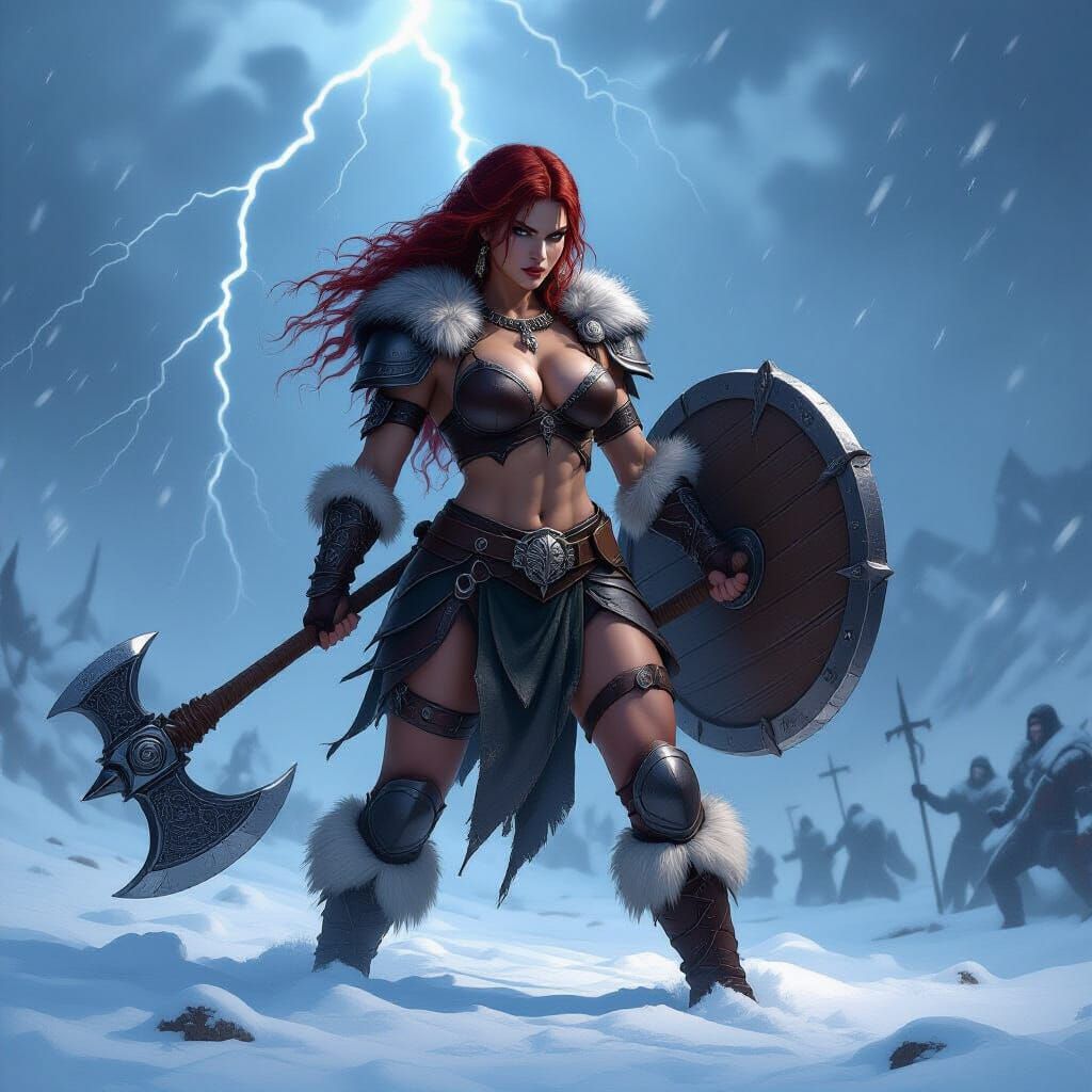 Muscular Shieldmaiden in Fur Bikini on Snowy Battlefield