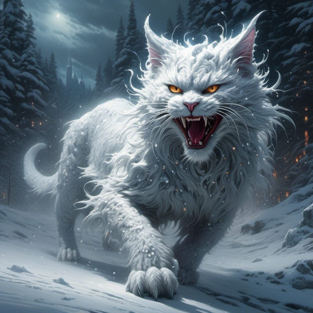 Evil Snow Cat Demon in Lovecraftian Horror Style