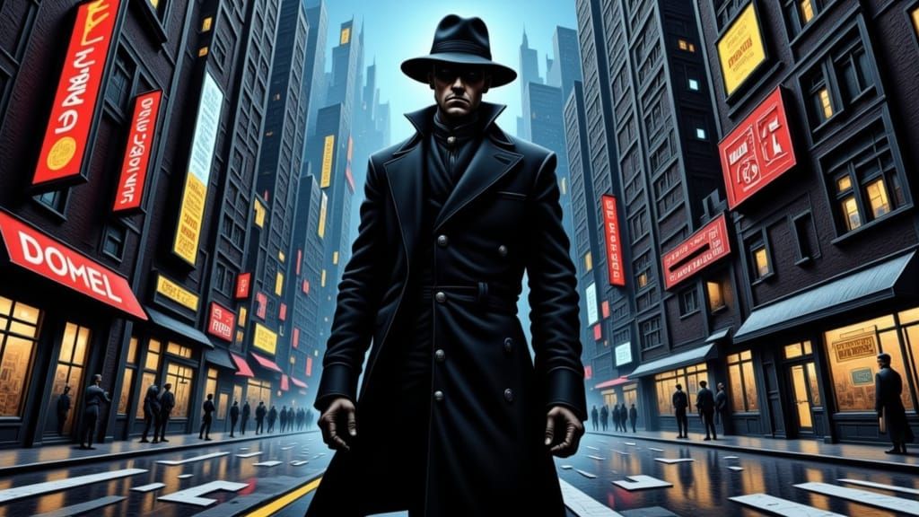 Cyberpunk Detective in Rain-Soaked Cityscape