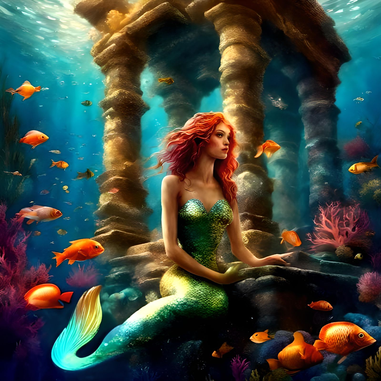 6-Mermaid sitting on steps of castle ruins