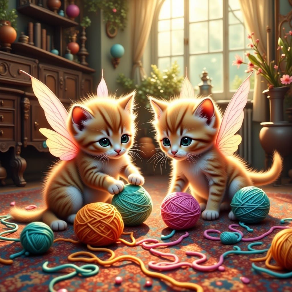 Fairytale Fairies Play with Kittens and Yarn