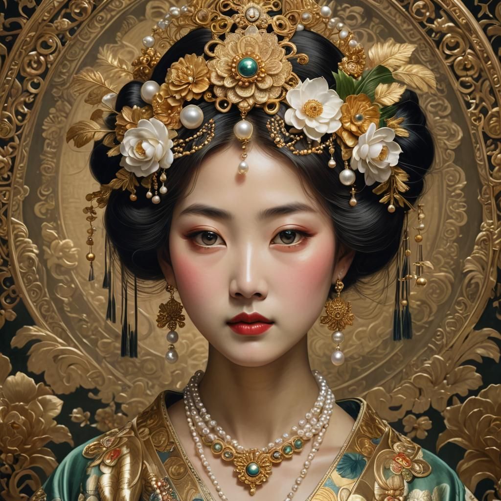 Japanese Lady Portrait in Pre-Raphaelite Style