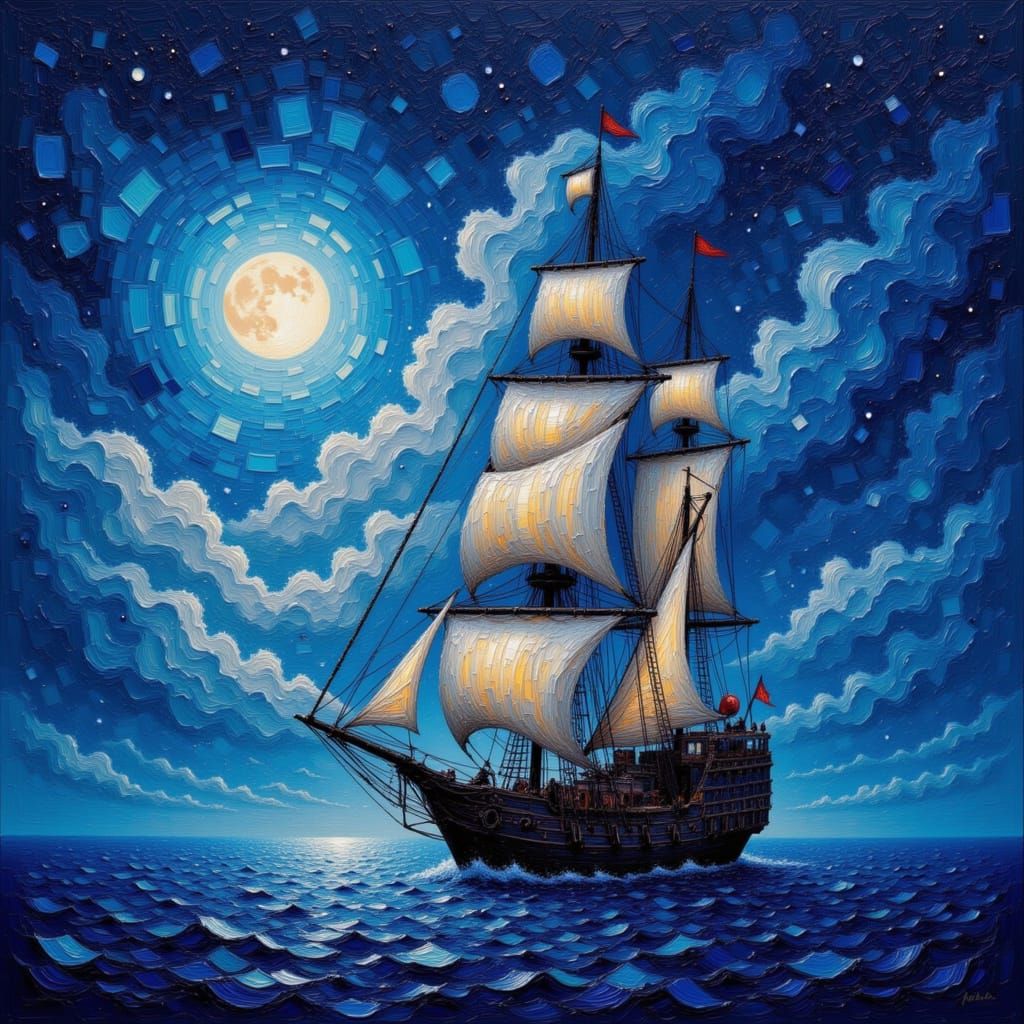 Midnight Sky Tall Ships in Intricate Oil Paint Style