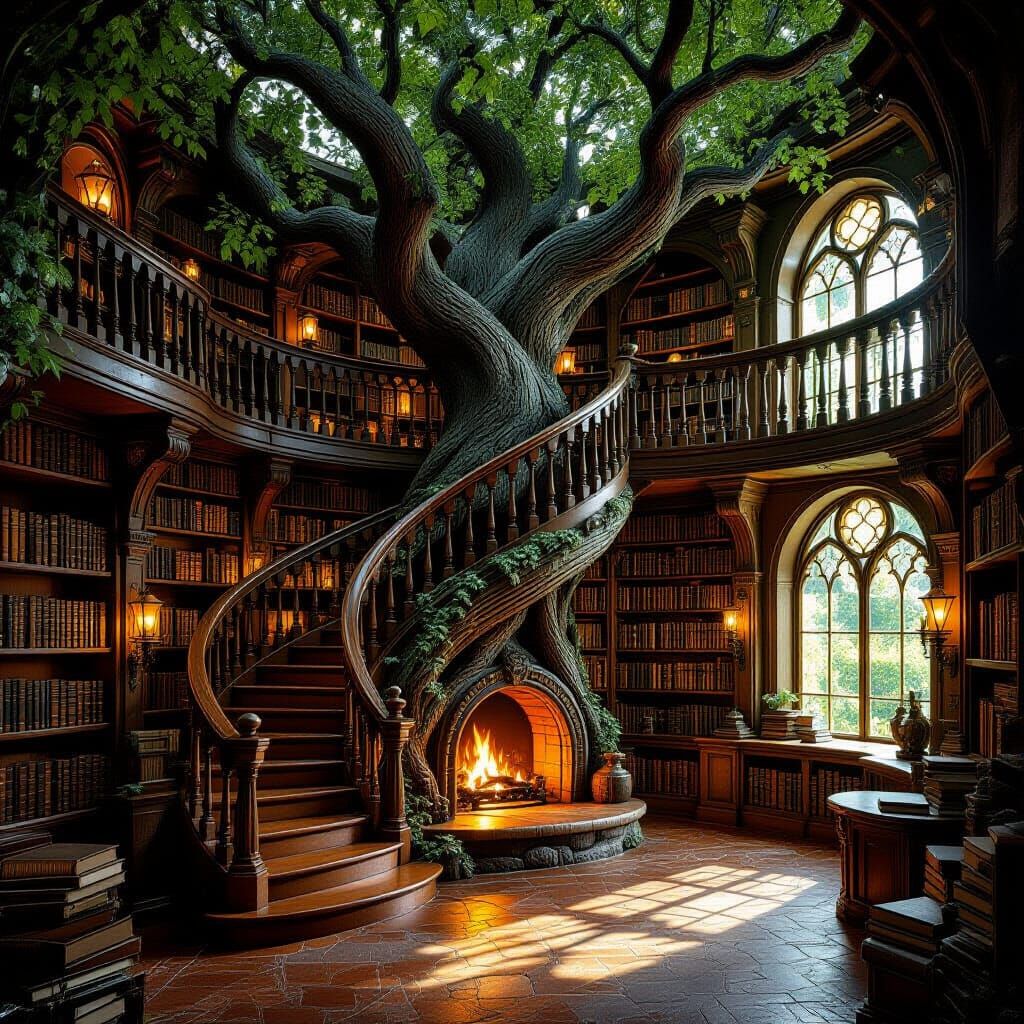 Mystical Tree Library Inspired by Art Nouveau