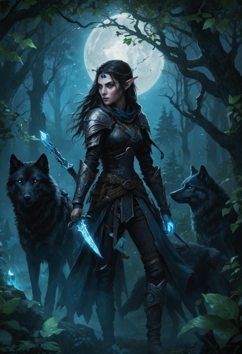 Hyper-realistic beautiful elven female thief with magical bl...