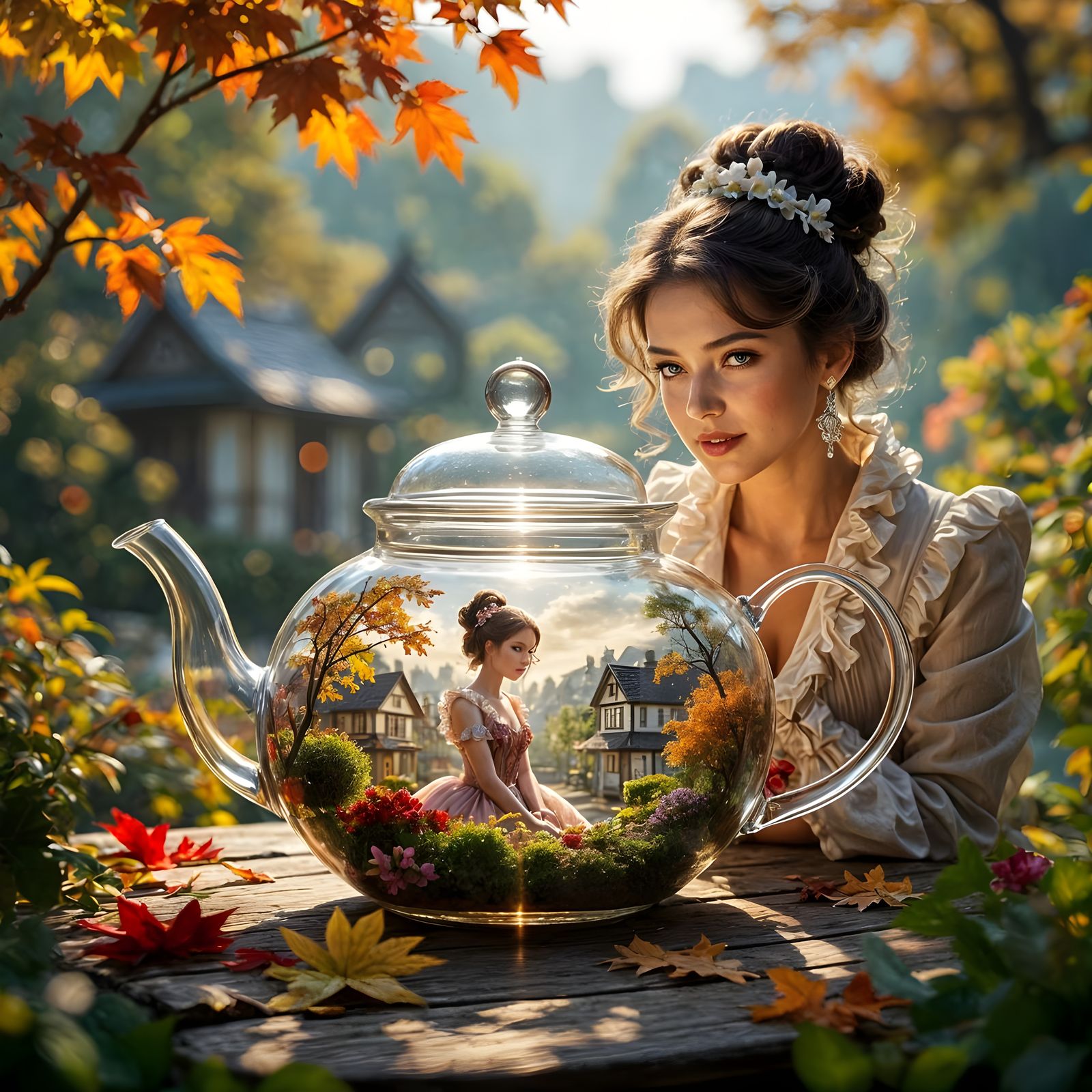 Glass Teapot with Fashionista and Autumn Village