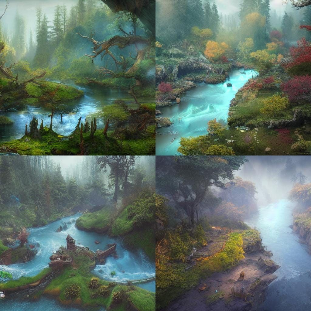 Bird's Eye View of Forest River in Detailed Painting
