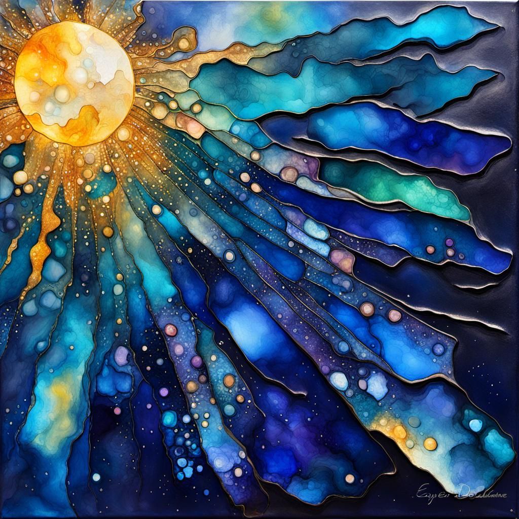 Abstract Alcohol Ink Celestial Phenomena in  Indigo, Prismat...