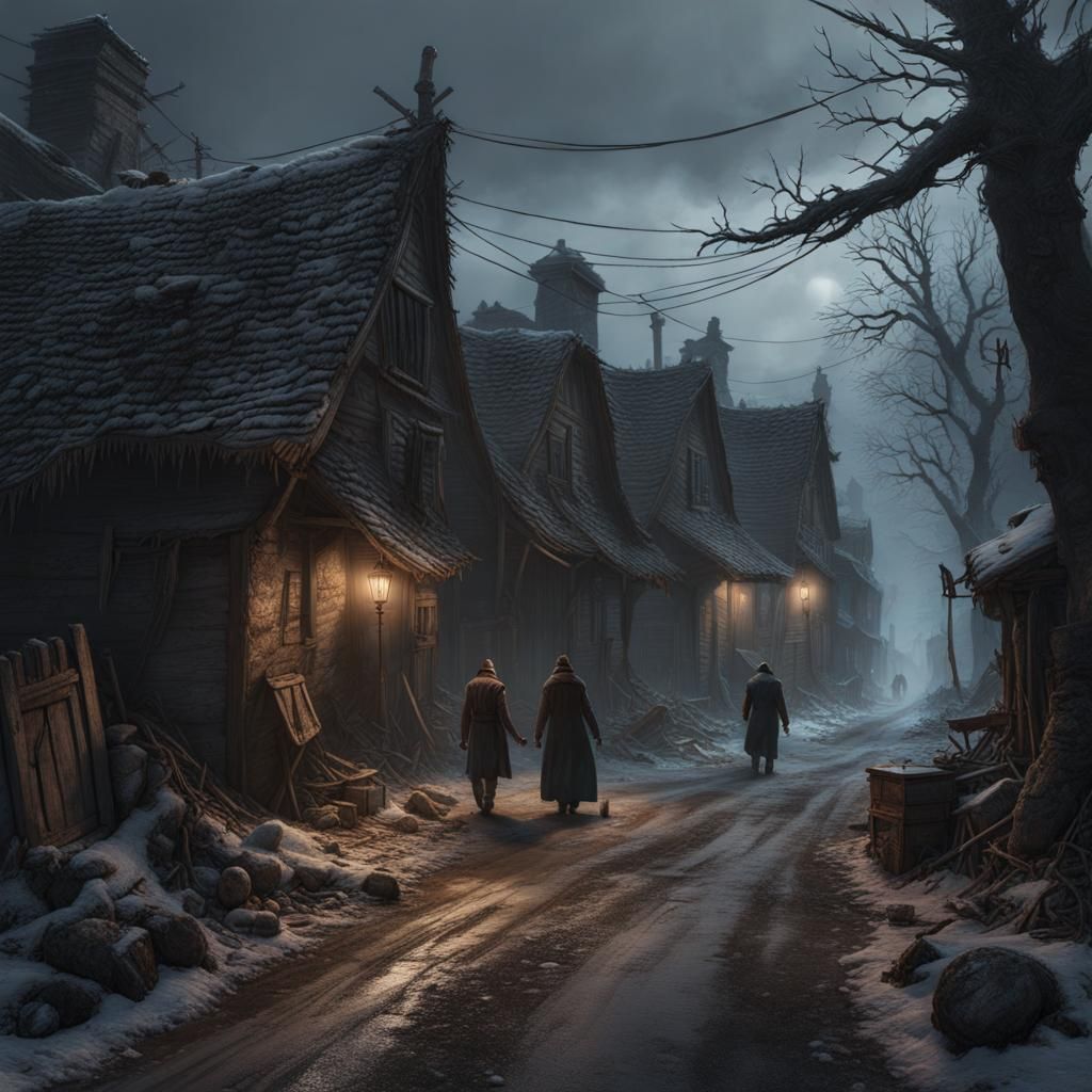 Creepy Shadow Figures in Decaying Village Street