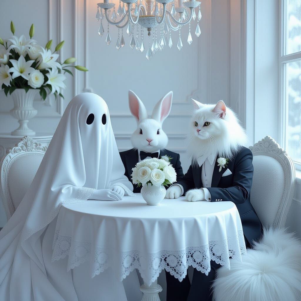 Ghost, Rabbit, and Cat Tea Party in Mystical Cafe