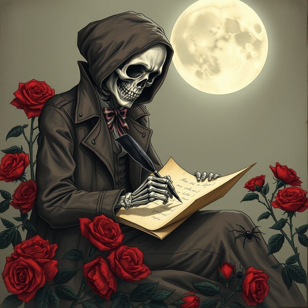 Skeleton Writes Love Letter Amidst Roses in Moonlight
