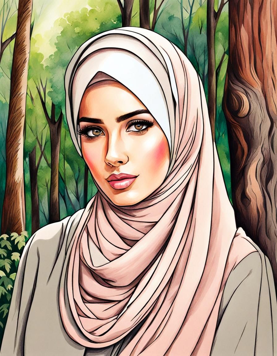 Cute Woman in Hijab: Color Pencil Ink Drawing