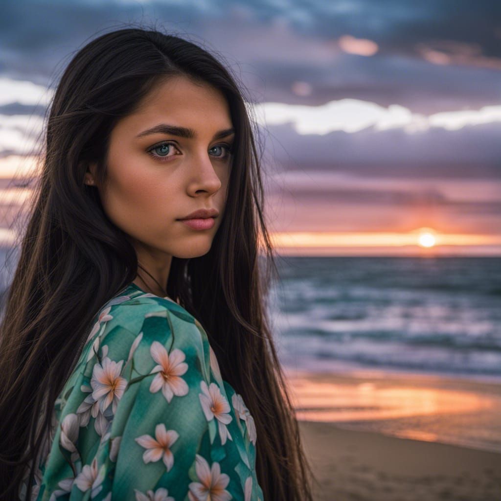 Girl with Black Hair and Hawaiian Sunset