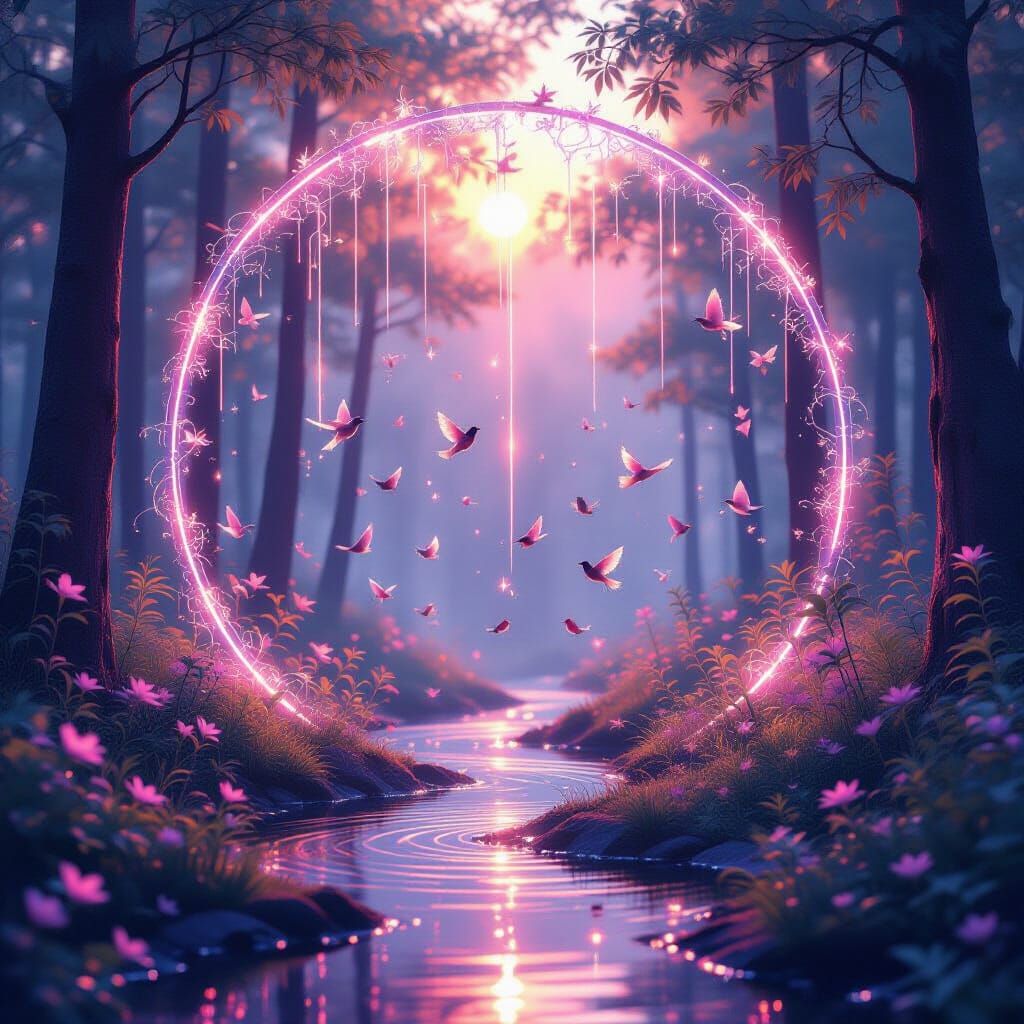 Luminescent Raindrops Form Golden Arches in Dreamscape