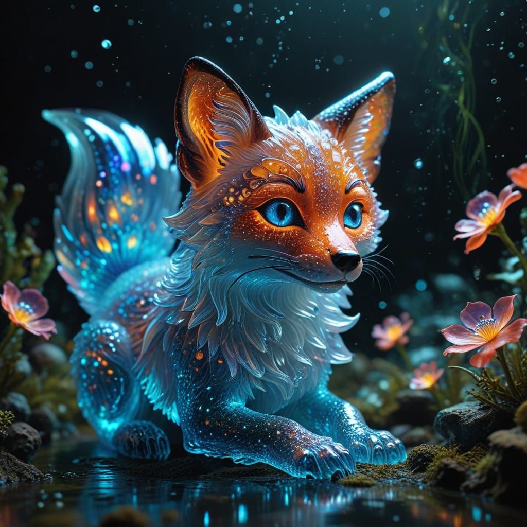Iridescent Crystal Fox Sculpture with Bioluminescent Flowers