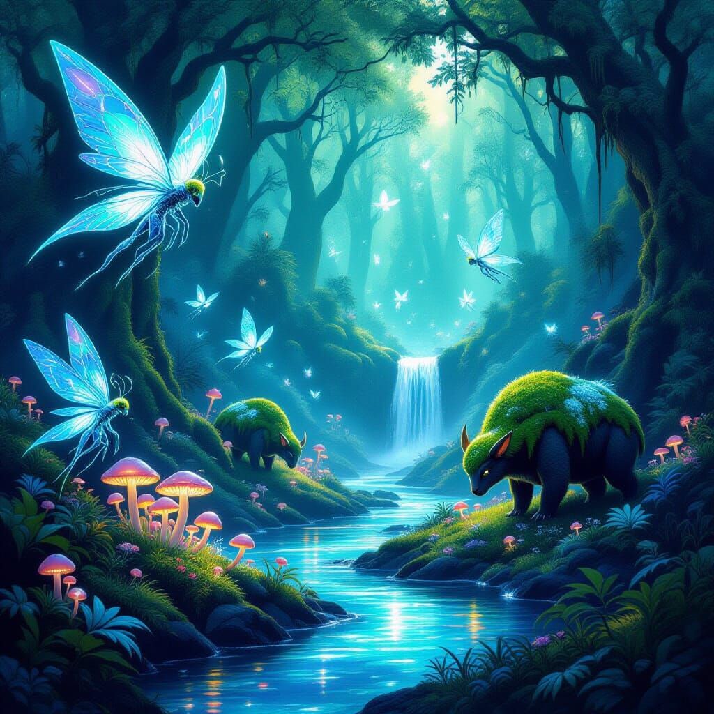 Bioluminescent Alien Forest with Light-Winged Creatures