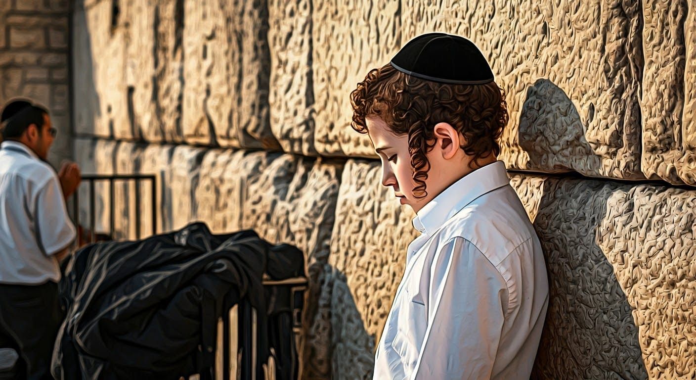 Haredi Boy in Prayer, Traditional Attire, Western Wall