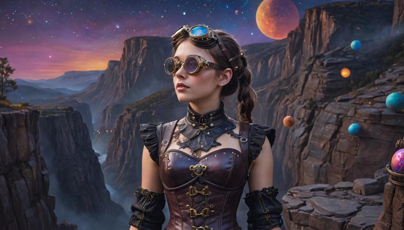 Steampunk Girl Gazing at Planets in Night Sky