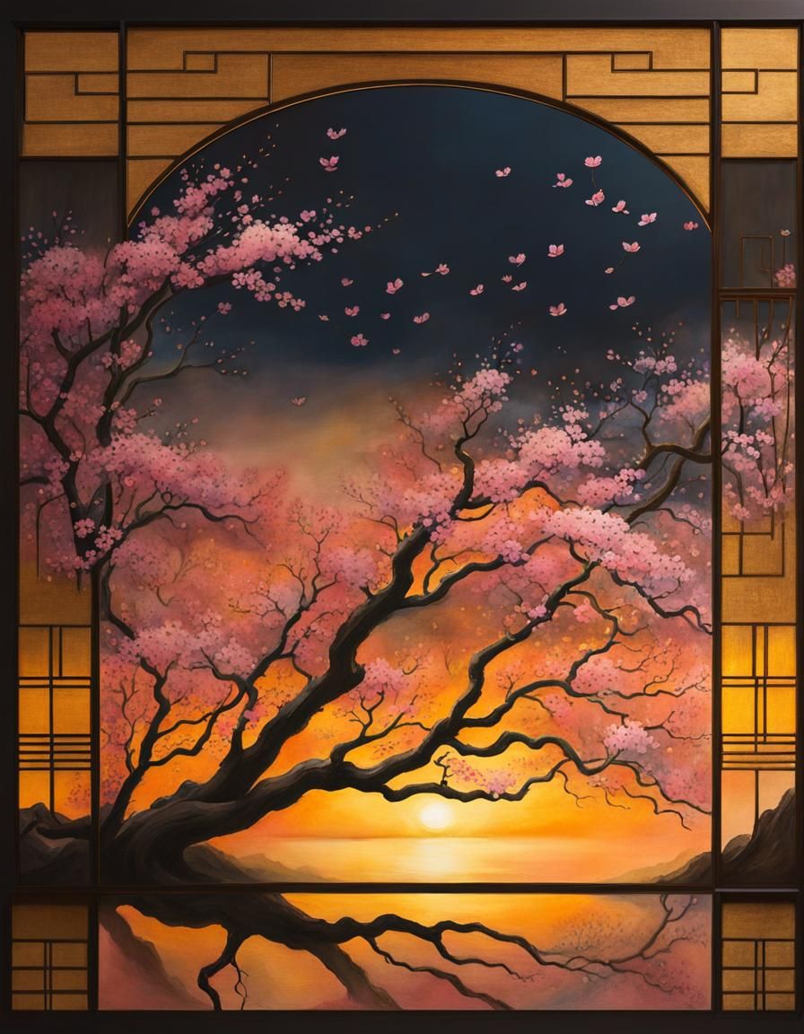 Pink Cherry Blossoms in Surreal Watercolor Landscape