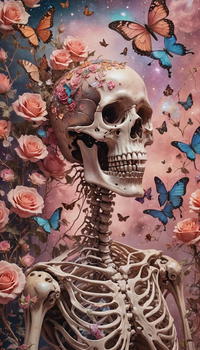 Astral Skeleton with Butterflies and Roses