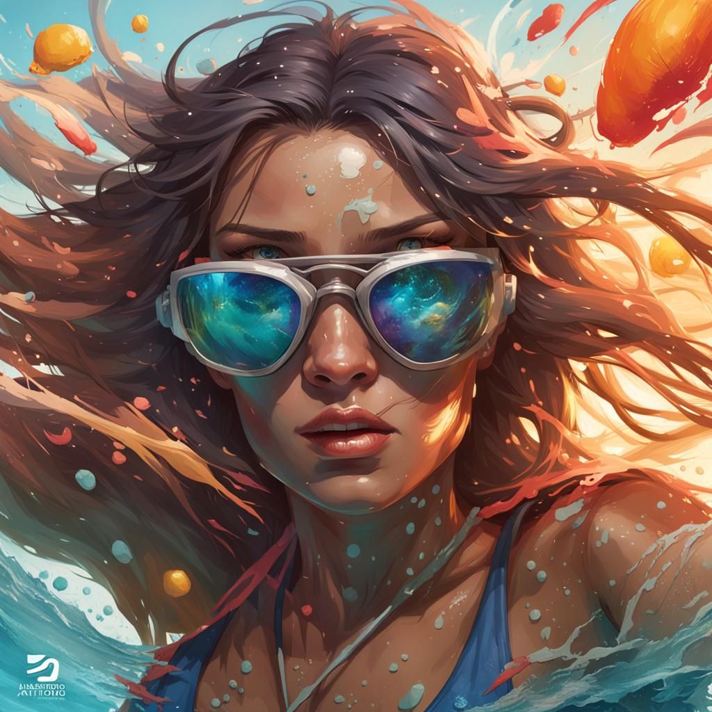 Bikini Girl Portrait in Hyperdetailed Splash Art