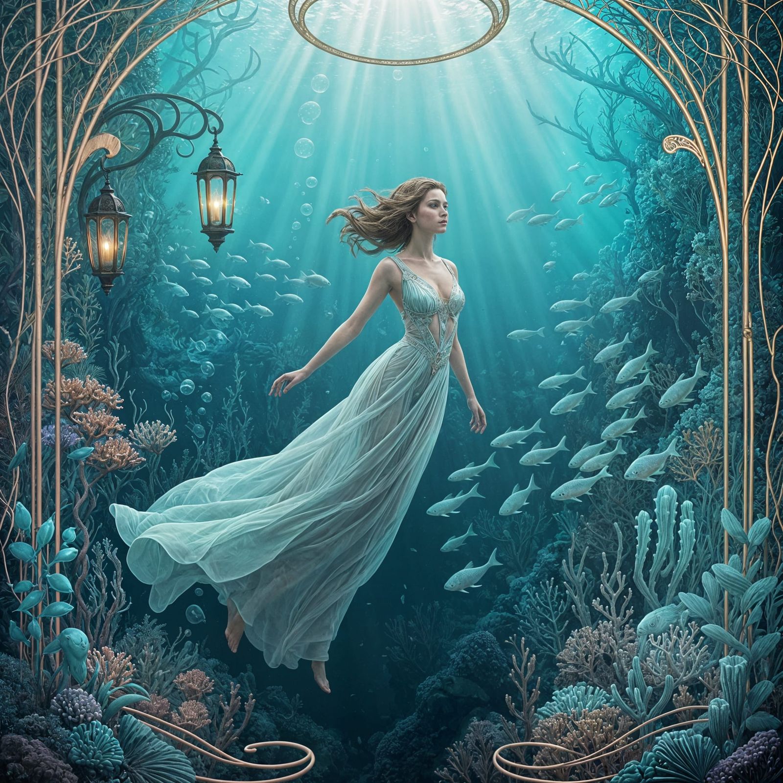 Floating Lanterns in Bioluminescent Underwater World