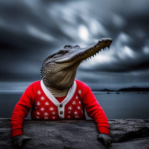 Crocodile in Christmas Sweater: Hyperrealistic Digital Art
