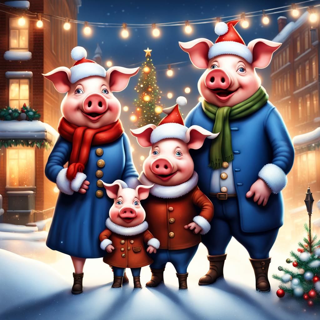 Festive Pig Family in Snowy Cityscape