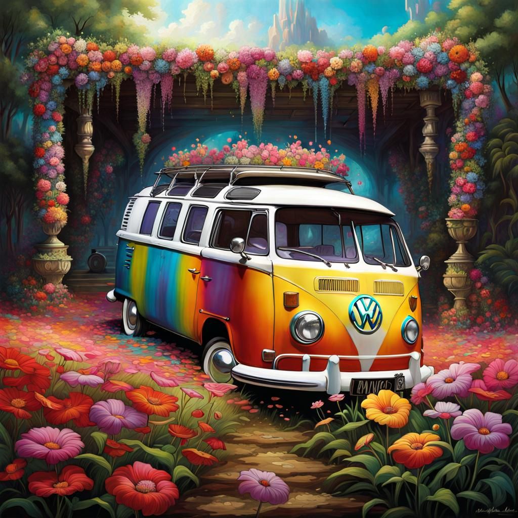 Psychedelic Flower-Covered VW Van Art