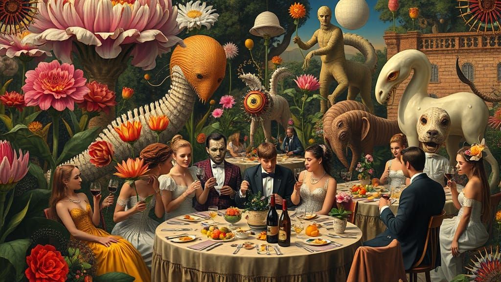 Surreal Garden Party with Dreamlike Creatures