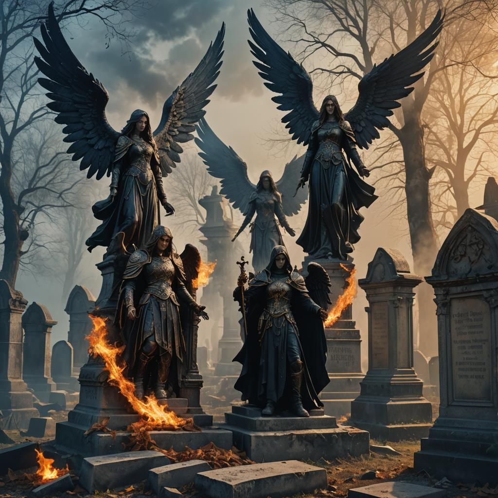 Gothic Angels with Swords of Fire in Cemetery