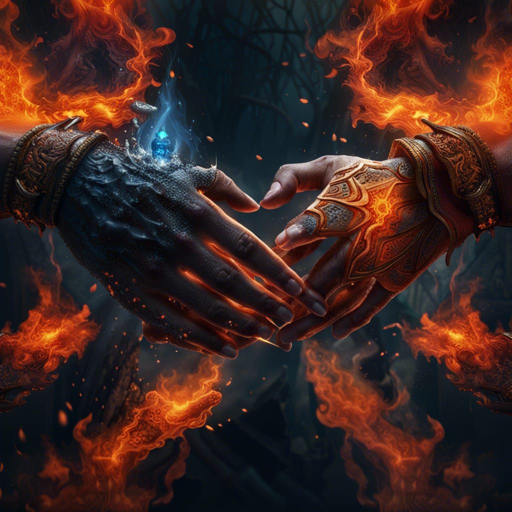 Elemental Hands United in Fire and Water
