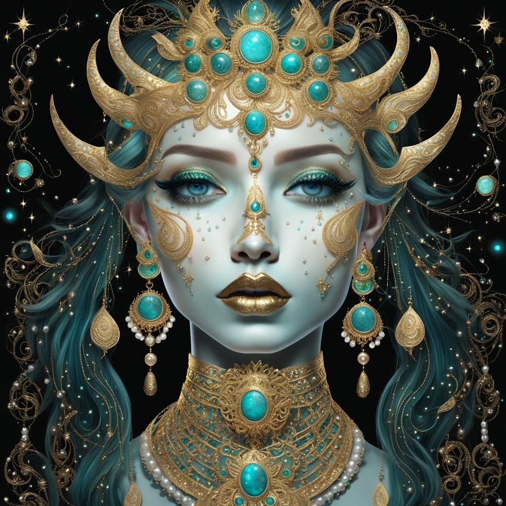 Goddess Portrait with Golden and Turquoise Adornments