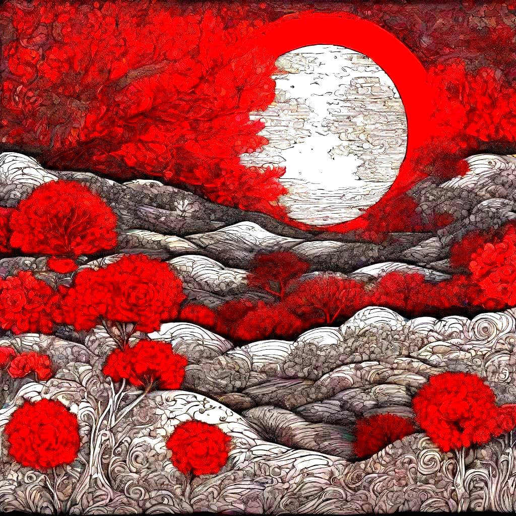 Scarlet Moon over Impressionistic Maximalist Landscape
