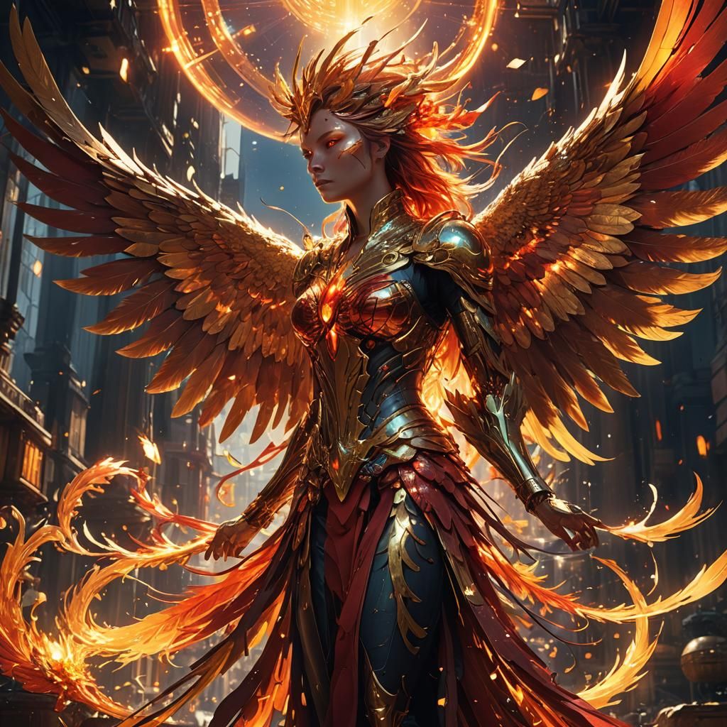 Fiery Phoenix with Lens Flare in Dark Fantasy Style