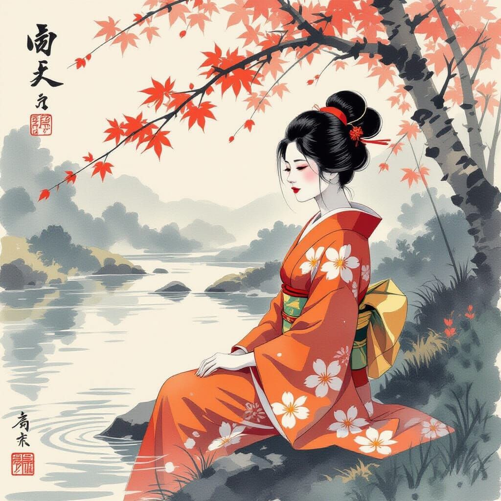 Japanese River Scene in Ukiyo-e Style