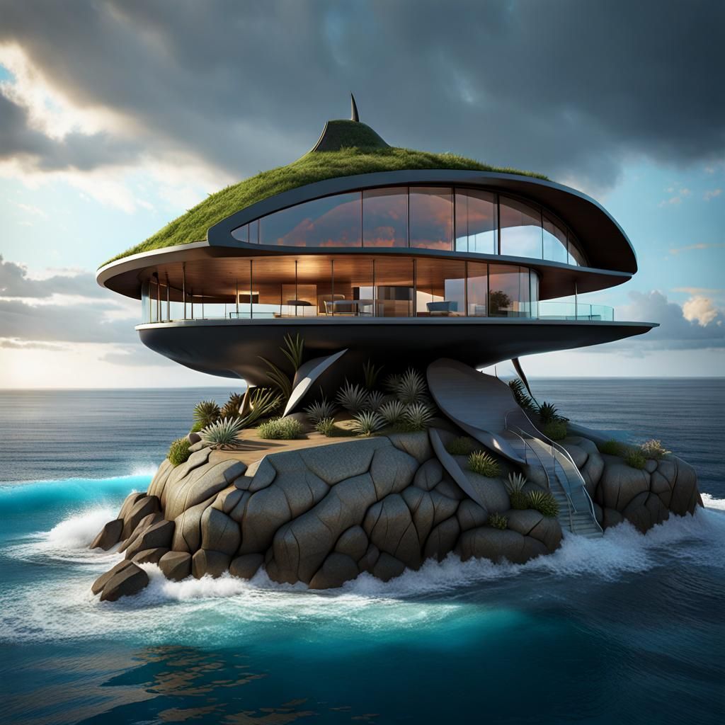 Stormy Ocean Shark Home: 3D Architectural Fantasy Art