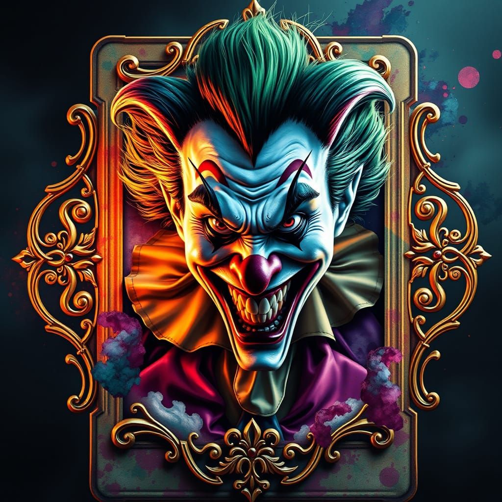 Hyper-Realistic Joker Emerges from Ornate Playing Card in Wa...