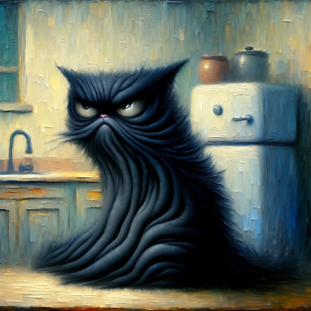Surreal Grumpy Cat Painting in Damaged Kitchen