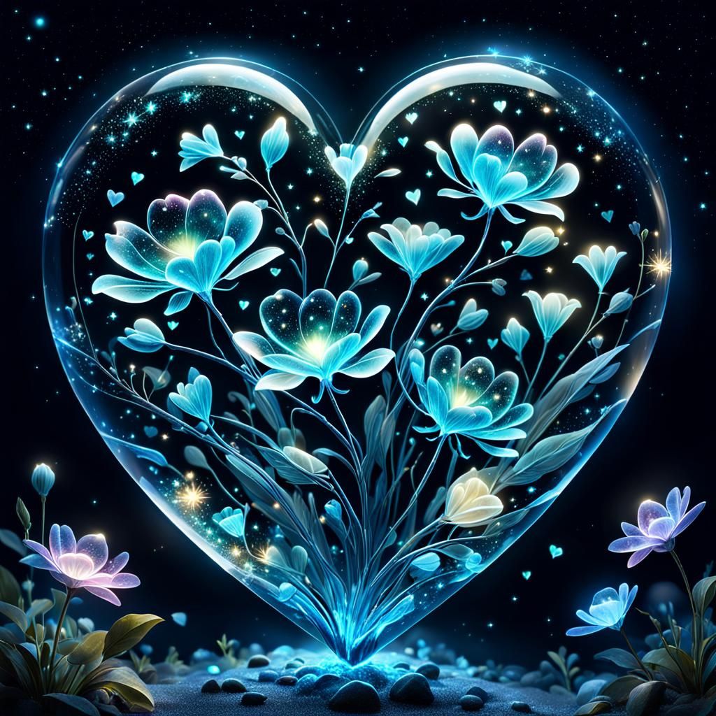 Bioluminescent Glass Heart with Glowing Flowers