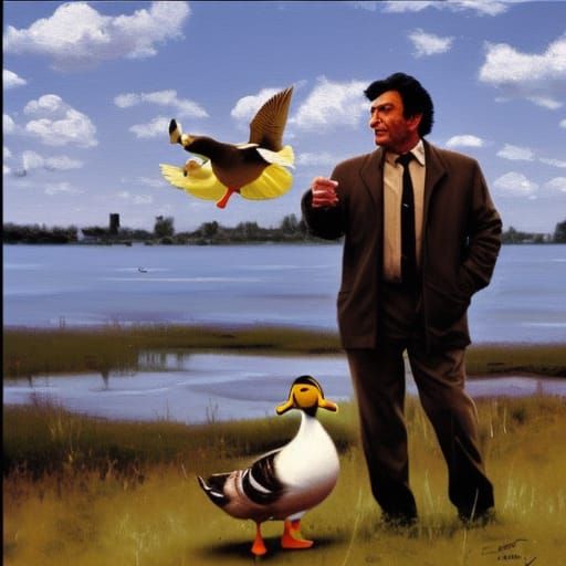 Columbo Duck Hunting in City, Oil Painting