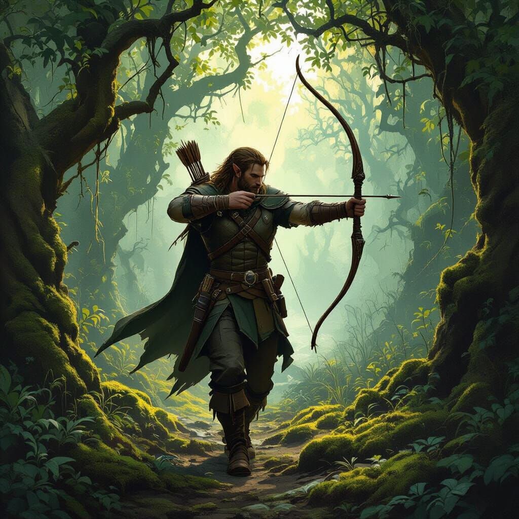 Half-Elf Ranger Explores Ancient Forest at Dawn
