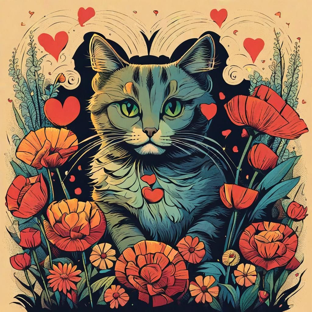 Whimsical Cat Portrait with Floral Accents